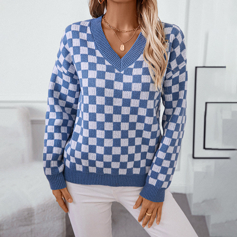 Damen V-Kragen Pullover mit Schachbrettmuster